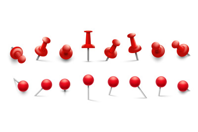 Red thumbtack. Push pins in different angles for attachment. Pushpins