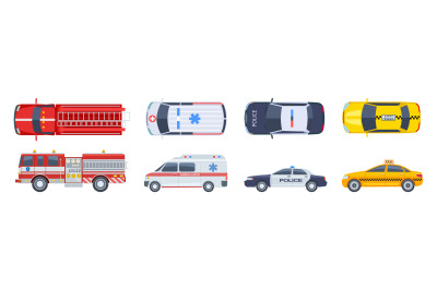 Vehicle set. Transport top view. Police car ambulance fire engine taxi