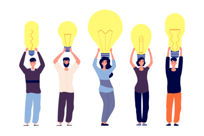 People and ideas. Different persons hold light bulbs vector illustrati