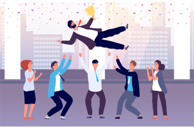 Team celebrates victory. Employees throw colleague up celebrating even