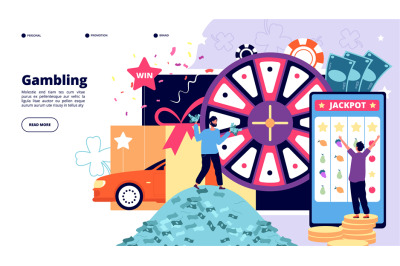 Gambling landing page. Happy people playing lottery, slot machine and