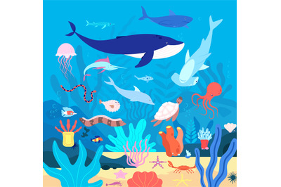 Underwater. Cute undersea animals, cartoon sea wildlife. Happy aquariu