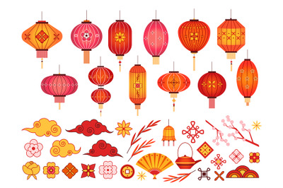 Chinese new year elements. Asian lantern&2C; japanese cloud and sakura br