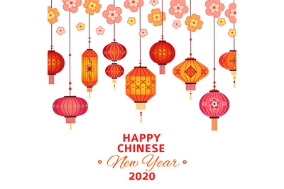 Chinese new year background. Asian lanterns, sakura branches and patte