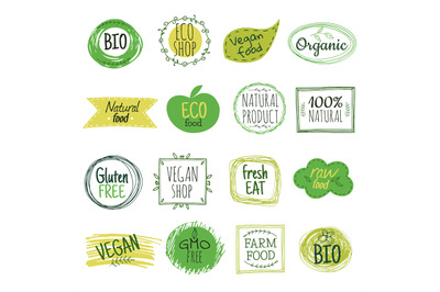 Eco emblems. Vegan green bio food, gluten free natural product labels.