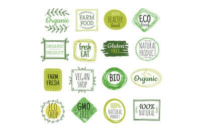 Bio labels. Vegan green eco food, gluten free natural farm product lab