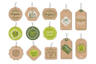 Organic cardboard labels. Eco paper badges, green farm nature product