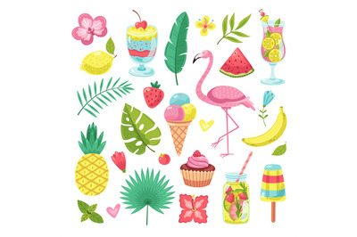 Summer elements. Tropical vacation photo booth props. Flamingo, ice cr