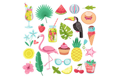 Summer elements. Tropical vacation stickers. Flamingo&2C; ice cream and p