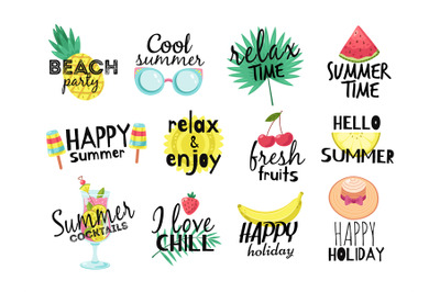 Summer labels. Beach vacation&2C; summer travel graphic with lettering. C