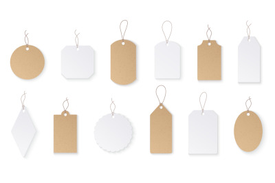 Price tags. White paper blank hanging labels with string. Cardboard sh