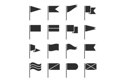 Flag icons. Waving pennant, black silhouette flags banners. Gps locati