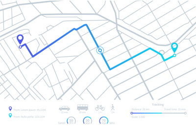 GPS navigation. Planning routes. Mobile navigating map with location c