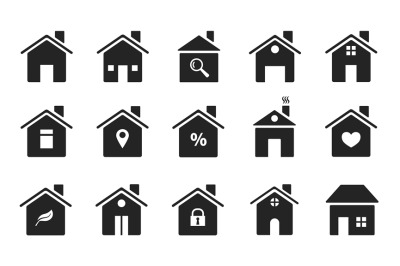 Home icons. Black flat homes shapes. Houses silhouettes symbols of hom