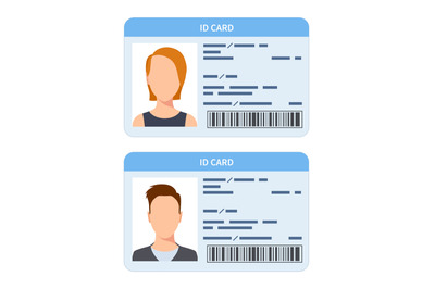 Id card. Women and men plastic identification cards, driver internatio