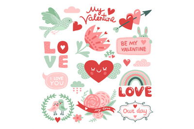 Valentines day scrapbook. Bird with red heart, flowers and love inscri