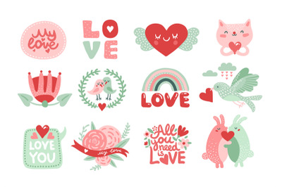 Love scrapbook elements. Valentines day lettering with cat&2C; rabbits an