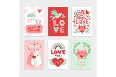 Valentines day card. Love pink design with heart&2C; cute bird and happy