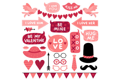 Valentines day photo booth props. Pink love wedding symbol&2C; kiss and m