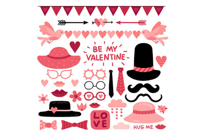 Valentines day photo booth props. Pink love wedding scrapbook elements