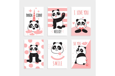 Panda cards. Cute chinese bears&2C; happy panda with magic accessories&2C; b