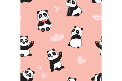 Panda seamless pattern. Happy cute flying panda bears&2C; adorable chines