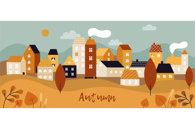 Autumn city landscape. Fall season panorama with simple cute houses an