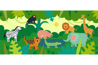 Jungle with animals. Zebra, monkey and hippo, tiger and crocodile, ele