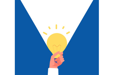 Light of idea. Hand holding lightbulb. Finding solution or brainstorm,