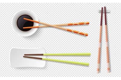 Chopsticks. Colorful wooden sushi sticks, plate with soy sauce. Asian