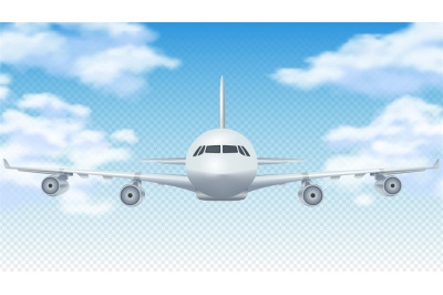 Flight plane. Realistic 3D airplane flying in blue sky. White cargo ai