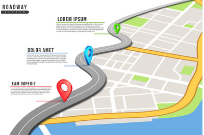 Roadway infographic. Locations map, highway pinned points with informa