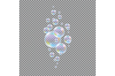 Soap bubbles. Realistic 3d water soapy balls isolated on transparent b