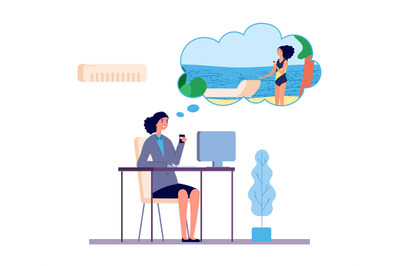 Dreaming woman. Office girl dreams about beach vacation vector concept