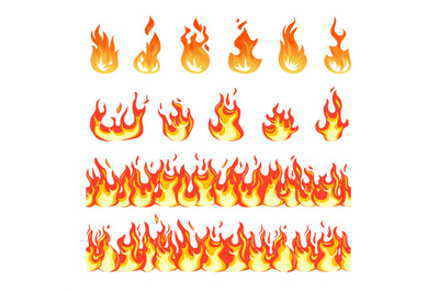 Fire flame. Burning firex seamless border, cartoon style blazing campf