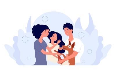 Happy young family. People adopting dog, mother and father, daughter a