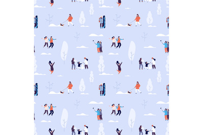 Winter time seamless pattern. Couples and kids outdoor, people in snow