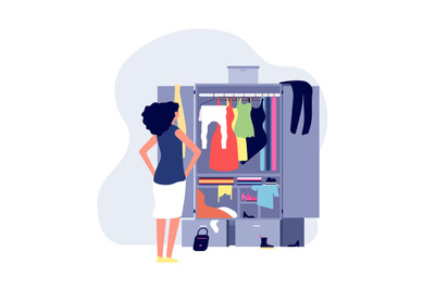 Opened wardrobe. Girl stand front closet. Stack clothes on floor, fash