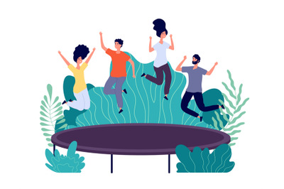 Trampoline jumping. Young happy people jump, teens activity. Entertain