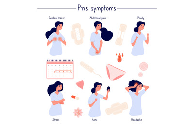 PMS symptoms. Female stress, abdominal pain, acne and moody. Woman per