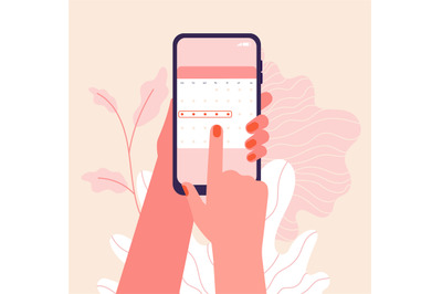 Menstruation cycle. Hands hold woman periods calendar. Menstrual phone