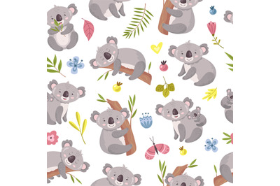 Koala seamless pattern. Cartoon cute australian bear texture. Forest a