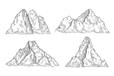 Mountains sketch. Art drawing mountain, engraved panorama silhouette.