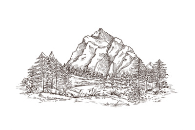 Mountain landscape sketch. Nature doodle drawing, valley panorama. Cre