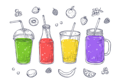 Smoothies. Fruit healthy juice, sketch drinks. Doodle green beverage,