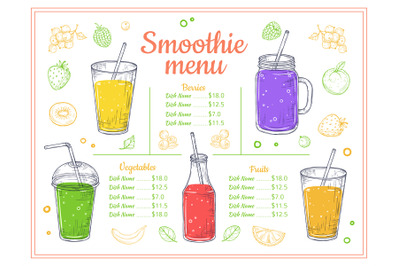 Smoothie menu. Cold drinks, summer shakes and cocktails. Sketch lemona