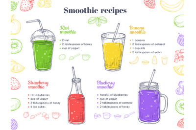 Smoothie recipes. Green healthy shakes, detox food. Fruit vegan drinks