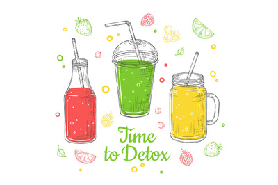 Smoothie background. Summer drink, doodle healthy juices. Fresh fruit