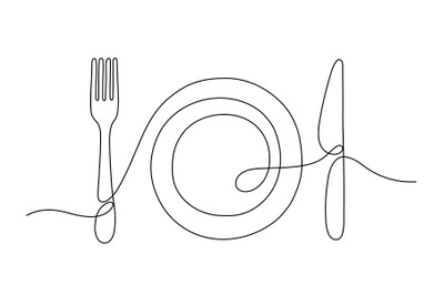 One line art. Plate knife, fork continuous outline drawing. Decoration