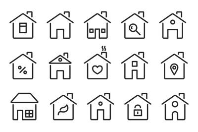 Home icons. Thin line modern houses, homes with roof, windows doors. F